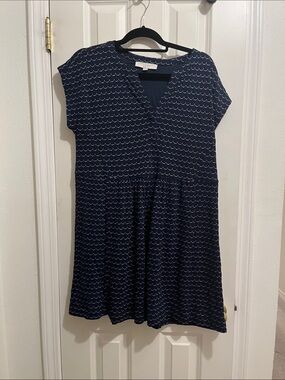 LOFT Navy Scallop Print V-Neck Midi Dress